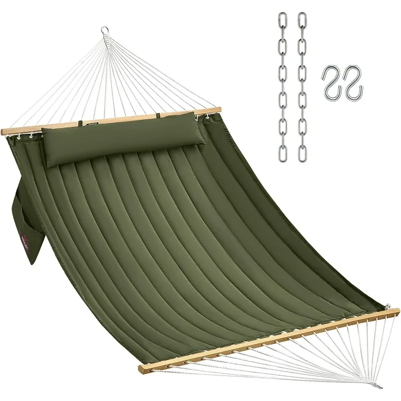 Hamac en tissu double matelassé avec barres d'épandage en bois dur et oreiller, grande capacité de 450 lb, 2 prêts hypothécaires