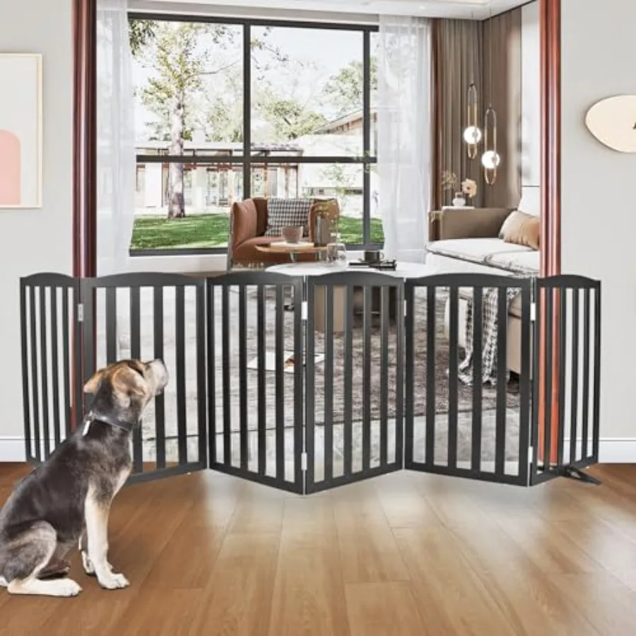 

Indoor foldable freestanding dog gate for stairs and hallways wood-tone MDF natural brown 32-inch height with 6 panels and supp
