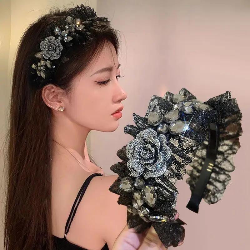 

Female Casual Hairpin New Headwear 2025 Korean Style Women Black Lace Rhinestone Flower Hairband Headband Wide Edge Hair Clip