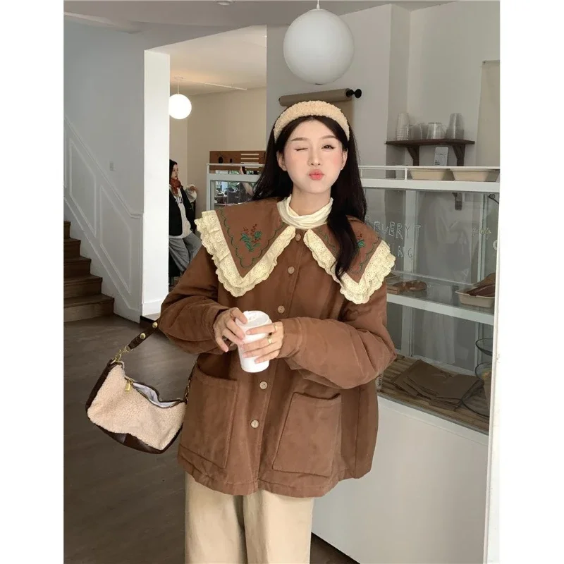 Vintage Sweet Mori Girl Style Autumn Winter Jacket Women Korean Fashion Double Layer Doll Collar Lace Edge Embroidery Loose Coat