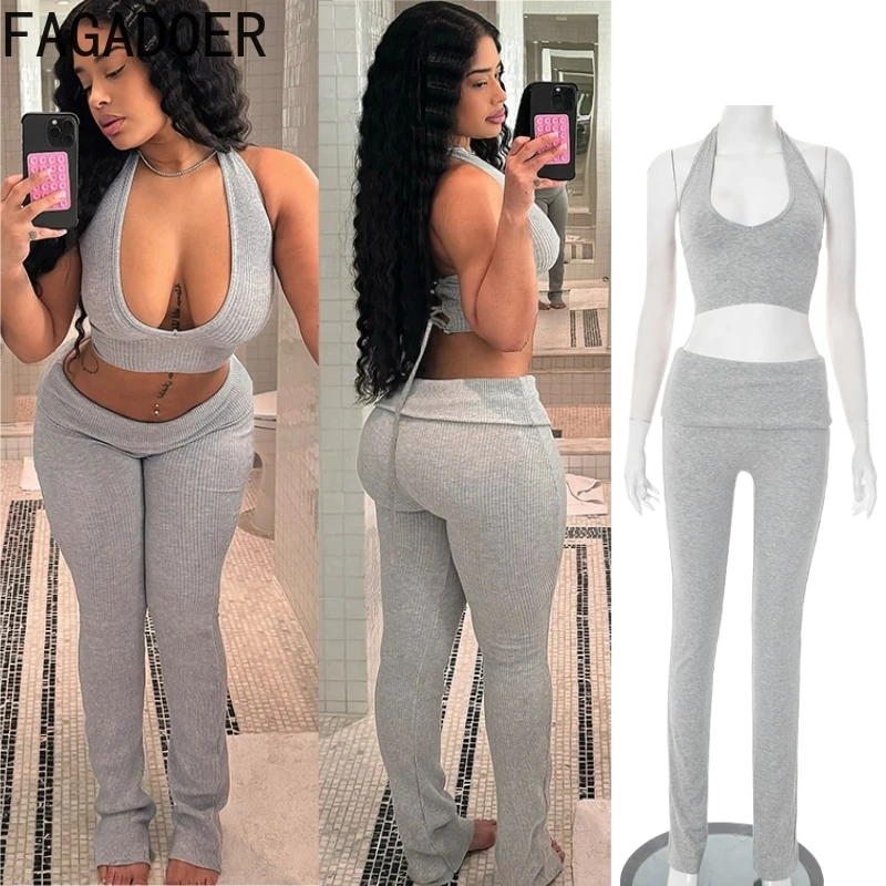

FAGADOER Sexy Rib Two Piece Outfits Woman Solid Backless Bandage Halter Tank Tops + Pants Matching Female Streetwear Summer New