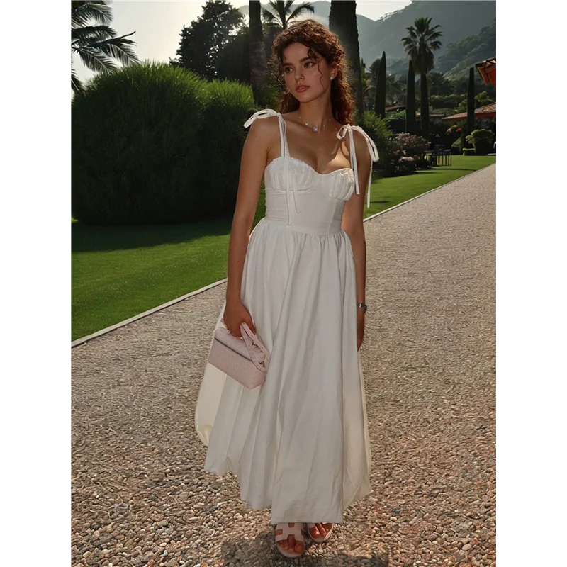 Aoao-coral midi vestido de luxo cetim feminino vestidos de verão sem mangas cinta espaguete espartilho baile branco m