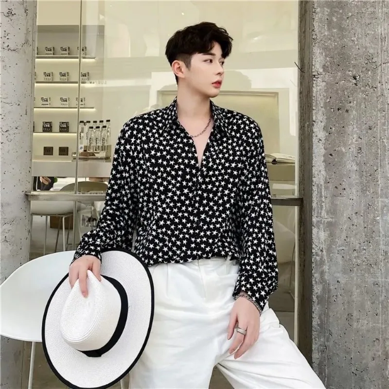 Ins New Internet Celebrity Douyin Handsome Handsome Drape Hairstylist Shirt Spring and Autumn Fashionable Star Pattern Shirt Men