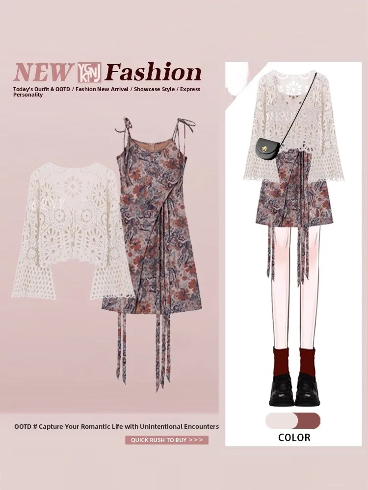 

Travel Themed Irregular Strap Dress Hollow out Knitted Top Women's Fashion Set Short Skirt Style Autumn Collection
