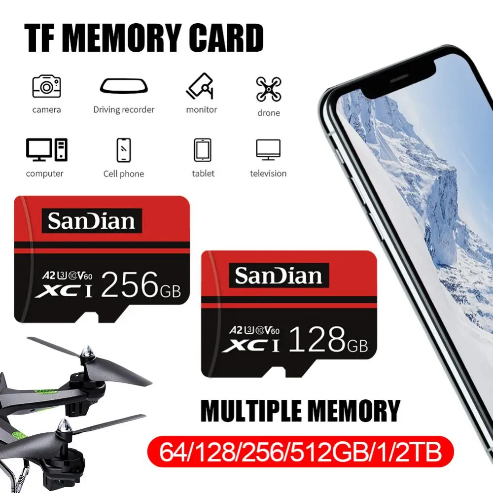 SD Card 2TB Micro TF Flash Card 1TB 256GB 512GB A1 A2 64GB 128GB Memory Card High Speed For Smartphone/surveillance Camera UAV