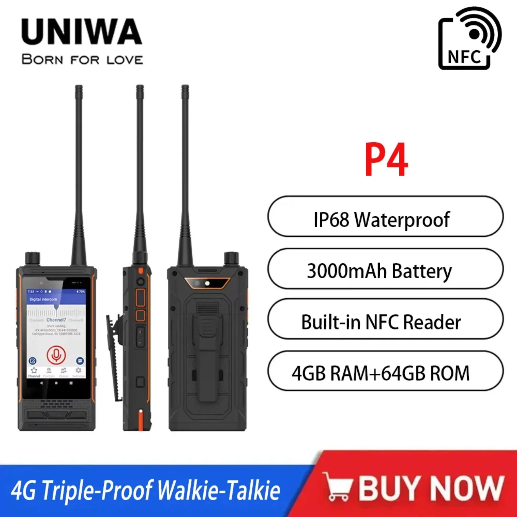 

UNIWA P4 IP68 4G Smartphones Android 9 DMR Analog Walkies Talkies UHF/VHF 4GB+64GB 3000mAh Phone NFC Suitable for Environments