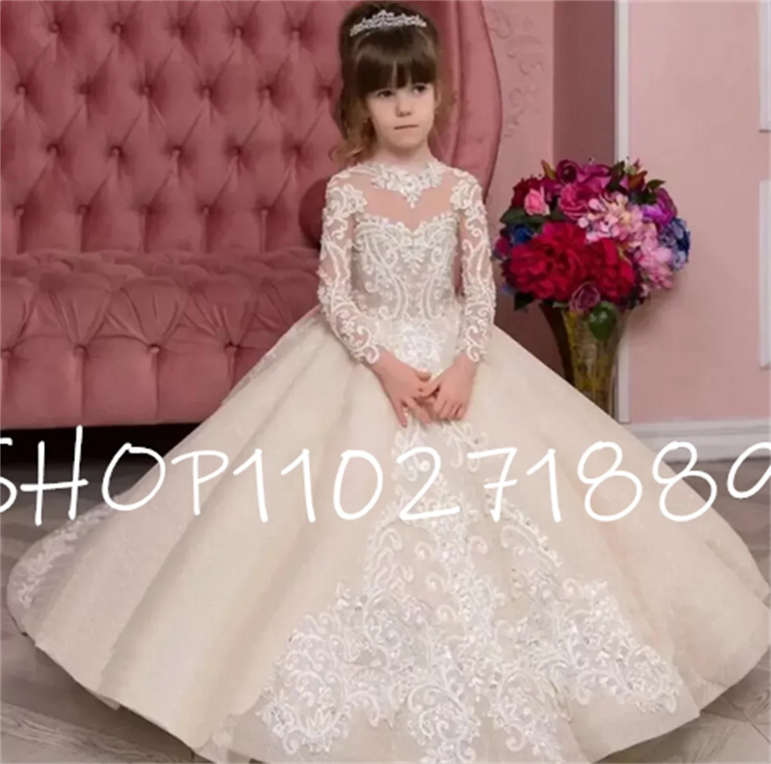 New Champagne Girls First Communion Dress Applique Lace Long Sleeve Ball Gown Elegant Flower Girl Dress Wedding Party