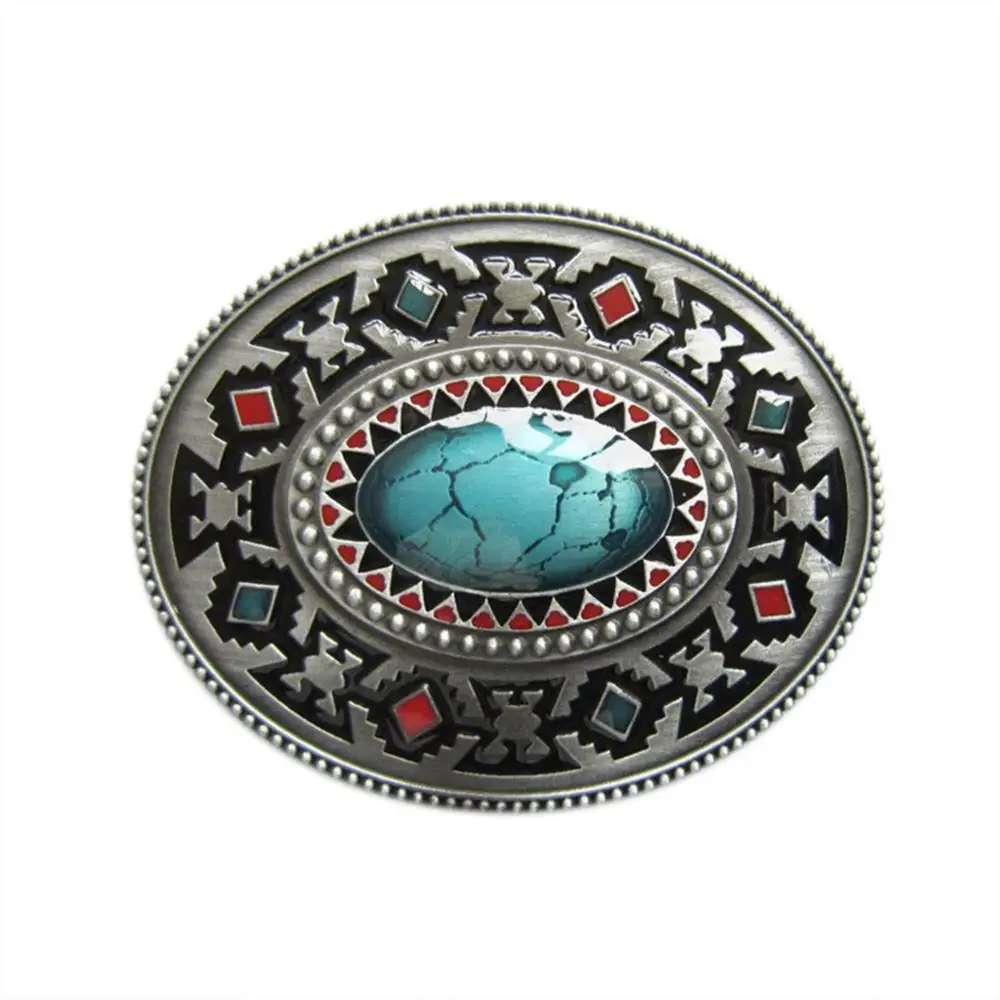 Antique Silver Enamel American Southwest Cross Totem Pattern Oval Belt Buckle also Stock in US BUCKLE-WT102