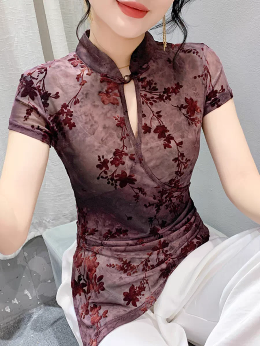 

Vintage Chinese Style Stand Collar T-shirt Elegant Women Short Sleeve Flocking Soft Flowers Mesh Tees T Shirts Female Tops