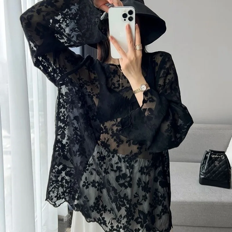 2026 New Spring Autumn Women's Lace Blouse Hollow Embroidery Fashion Loose Plus Size Long Sleeve Base Top Elegant Casual Wear