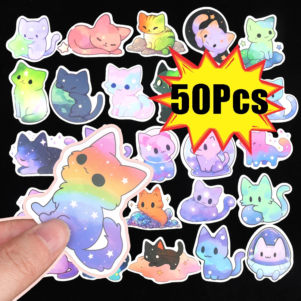 50pcs Colourful Starry Cat Doodle Stickers Personalized Decoration Mobile Phone Sticker Suitcases Notebooks Back Flim Skateboard