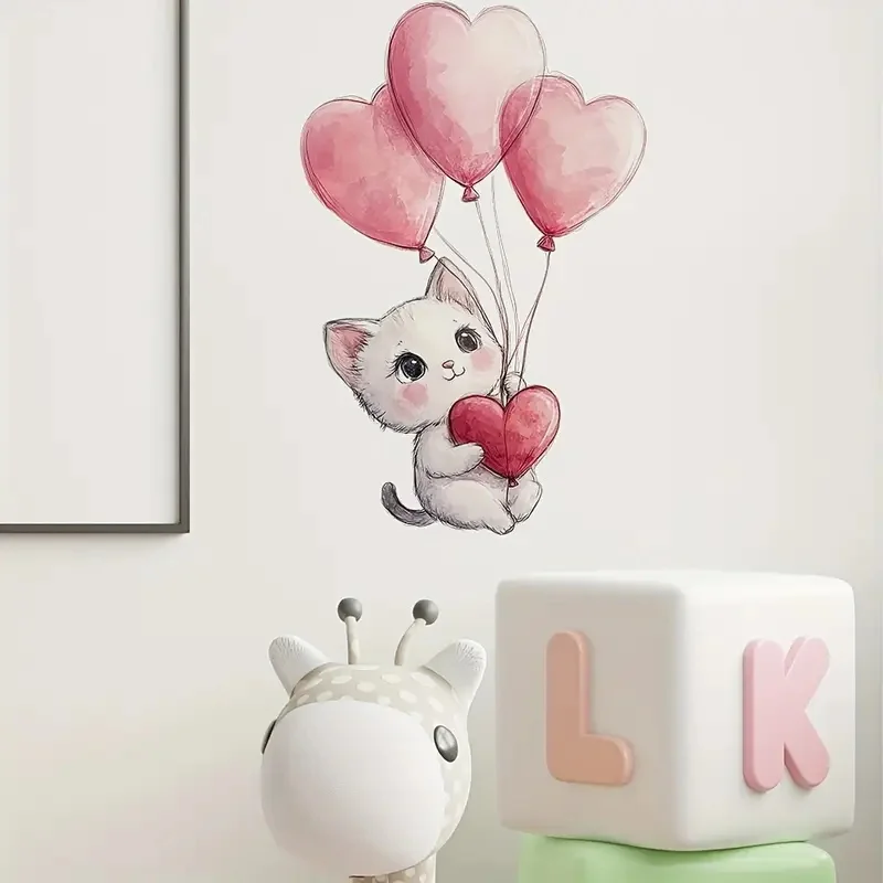 Cartoon Cat with Heart Balloons Wall Decal for Living Room Decoration Easy to Beautify Your Home，Used for Toilet, Car