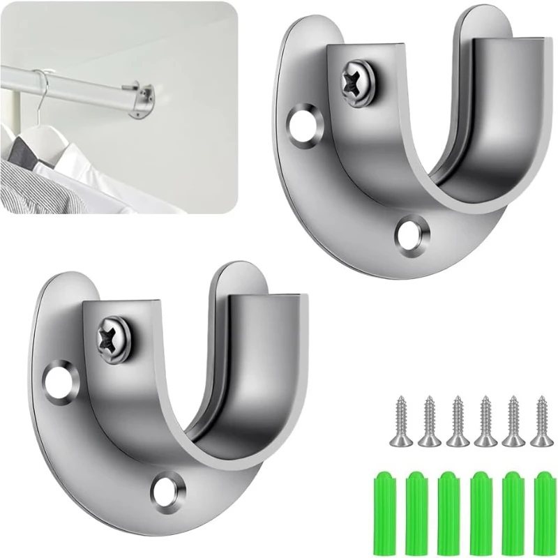 10/2pcs Stainless Steel Closet Rod Brackets Flange Rod Holder Shower Curtain Rod Hook U-Shaped Hanger Bathroom Support Brackets view 2