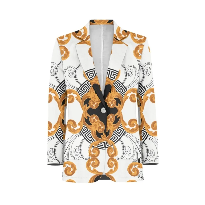 Noisydesigns Luxury Baroque Golden Floral Blazers For Women Lady Office Trendy Clothing Long Jackets Spring Autumn Dropshipping