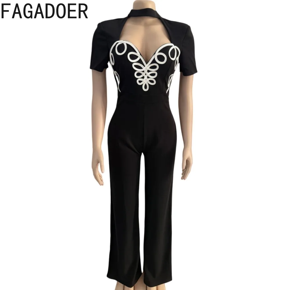 FAGADOER Fashion Stripe Patchwork Bodycon Jumpsuits Women Solid Hollow-out Short Sleeve Rompers Female Streetwear Overalls New