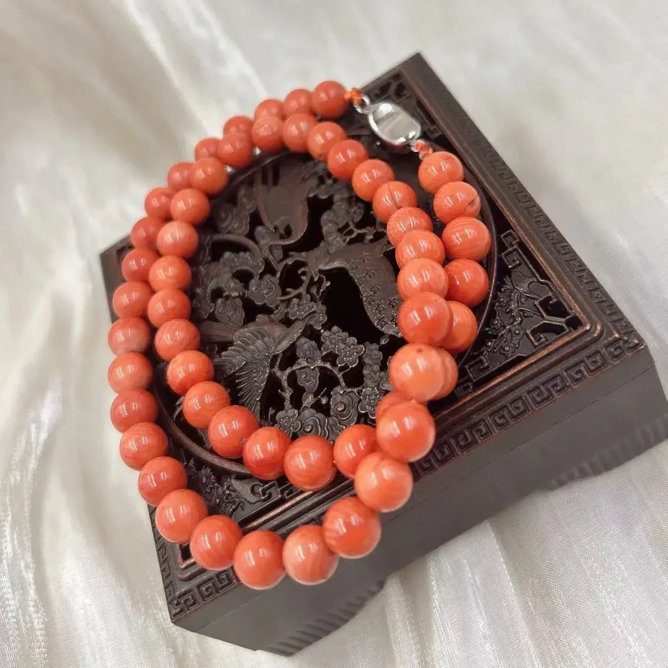 

7-8mm Vintage Genuine Natural Sea Bamboo Round Orange Coral Wedding Jewelry Gift Short Collar Necklace 17-20inch