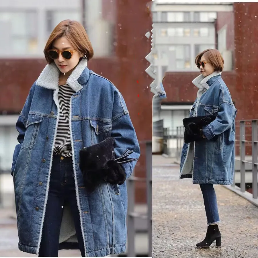 Autumn Winter New Women Coat Winter Denim Jacket Large Size Thick Female Parkas Lambwool Long Warm Jean Coat Outerwear W403