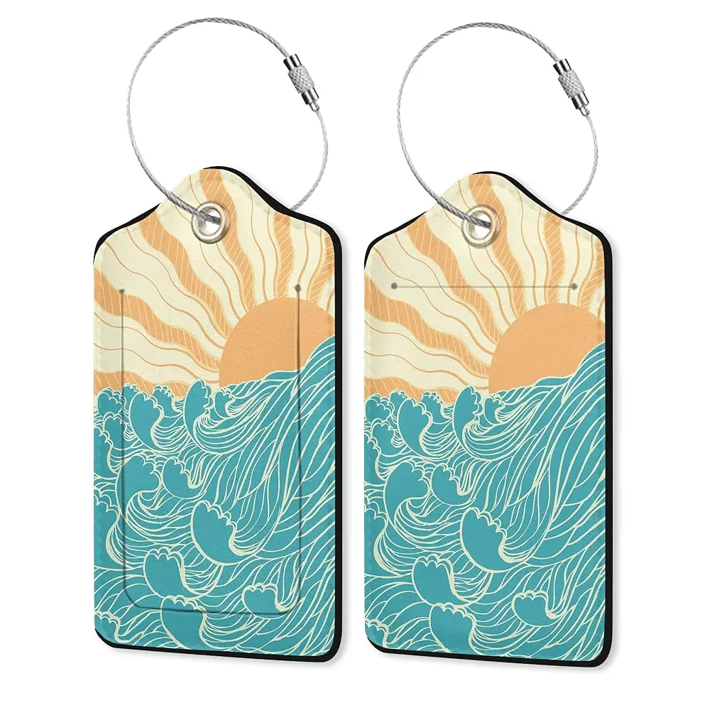 

Free Shipping2 Pack Leather Luggage Tag for Suitcase Wave at Dawn Ocean and Sun Japanese Style Unique Travel Tags with Privacy C