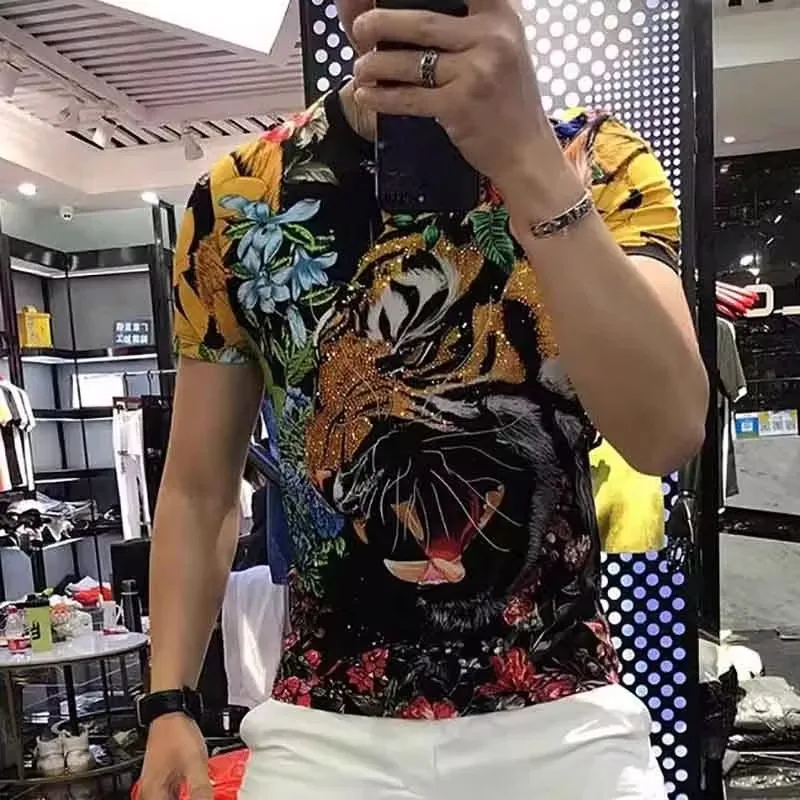 2024 Summer New European Station Tiger Hot Diamond T-Shirt Trend Retro Slim Sports Versatile Short Sleeve T-Shirt