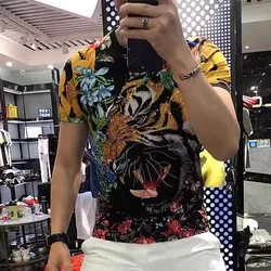 2024 letnia nowa stacja europejska Tiger Hot Diamond T-Shirt Trend Retro Slim sportowa wszechstronna koszulka z krótkim rękawem