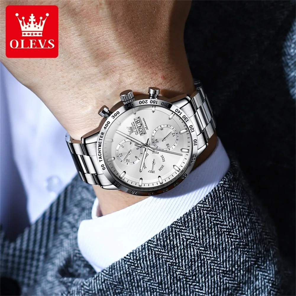 OLEVS-Reloj de pulsera para hombre, accesorio masculino de pulsera resistente al agua con doble Calendario, complemento mecánico de marca de negocios con esfera grande de 6683mm, 42,5