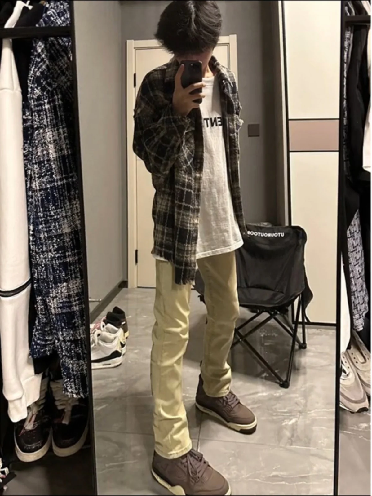 

Cleanfit Mud Yellow Jeans Men's Trendy Mid-High Waist Lift Crotch Slimming Pants Extended Version for Tall Men Straight Leg J...