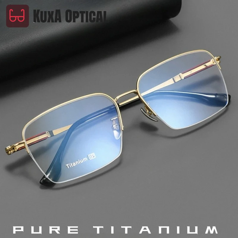 XUKA High-end Sandalwood Men's Half Frame Glasses Ultra light Business Pure Titanium Fashion Simple Big Size Eyeglasses 18