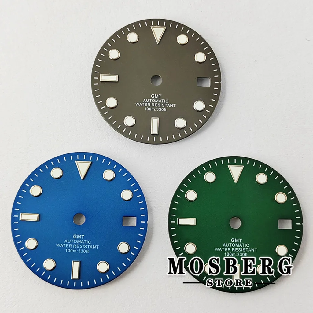 Custom Logo NH34 Black 29mm Sterile Watch Dial With Date Windows Green Luminous Fit NH34 NH35 Automatic Movement Accessories