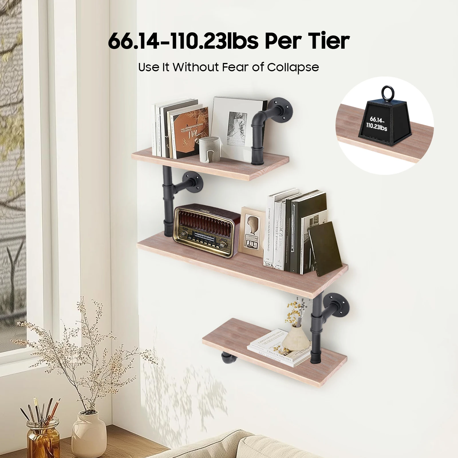3-stöckiges, verzinktes Rohrregal, schwebende Regalböden, Holz, wandmontiertes Metallregal zur Aufbewahrung, für Wohnzimmer und Schlafzimmer, zur Dekoration. – Detail 5