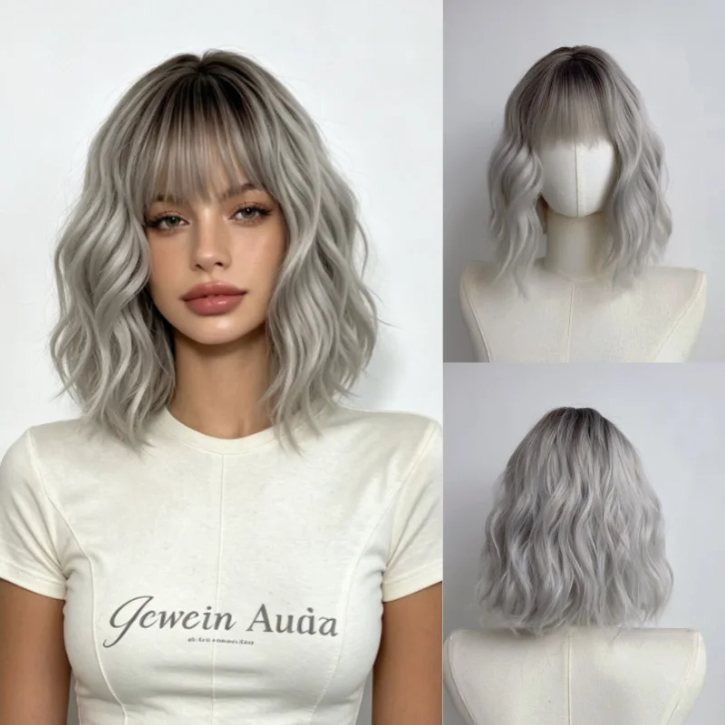 High-end silver-gray short wig with air bangs, clavicle-length curls, and a voluminous rose net full head cover