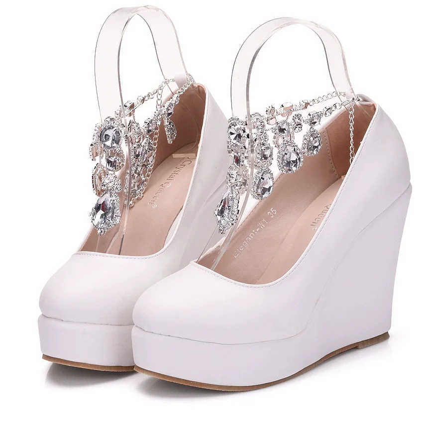 Spring round toe crystal chain slope heel waterproof table wedding shoes banquet large size small size high-heeled women's shoes