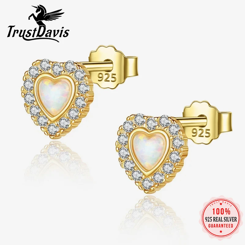 TrustDavis Real 925 Sterling Silver Fashion Sweet Romantic Love Heart Opal CZ Stud Earring For Women Wedding Fine Jewelry DA2142