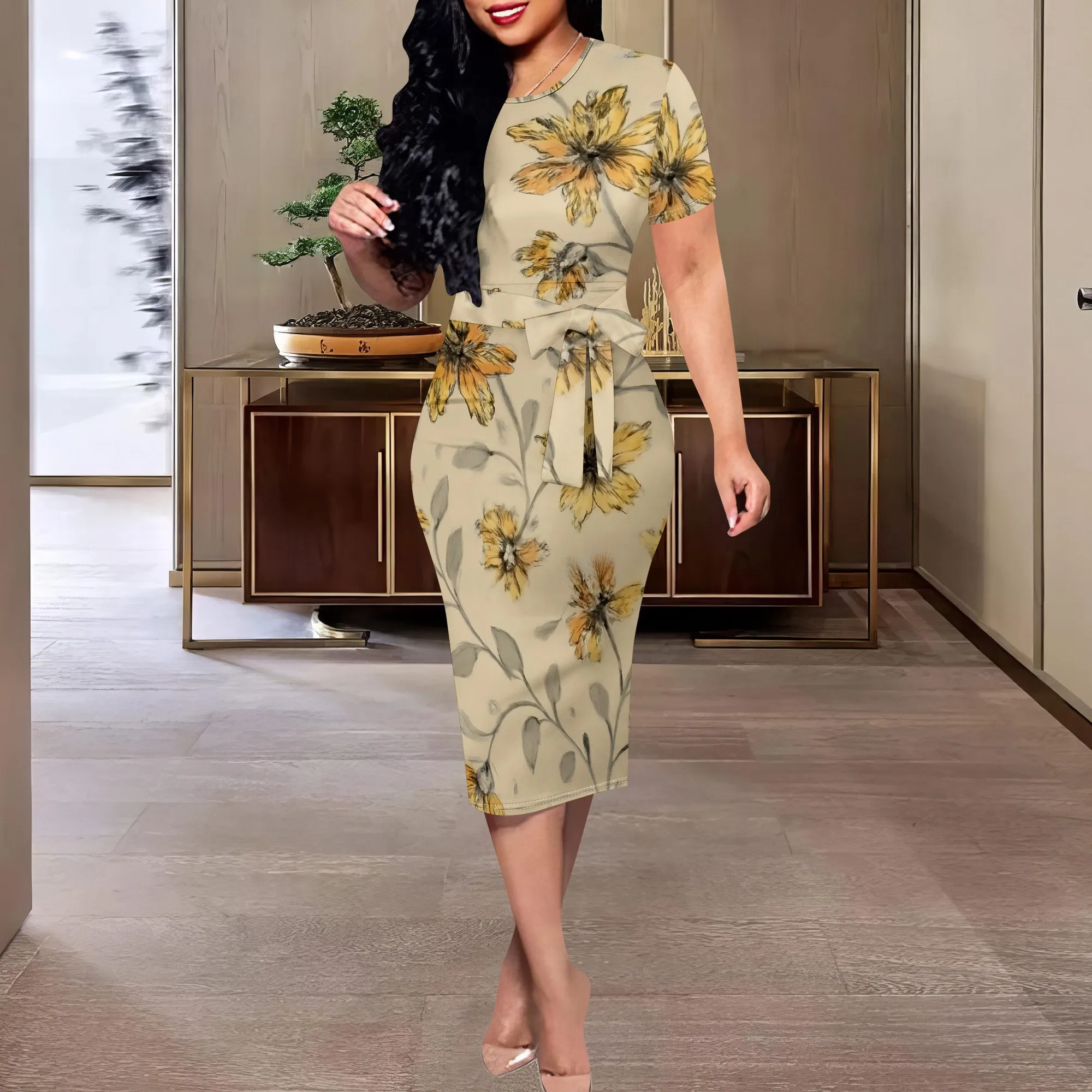

Yellow Floral Print Midi Dress XS-3XL Belted Short Sleeve Bodycon Style for Summer Brunch, Garden Date or Casual Office Look