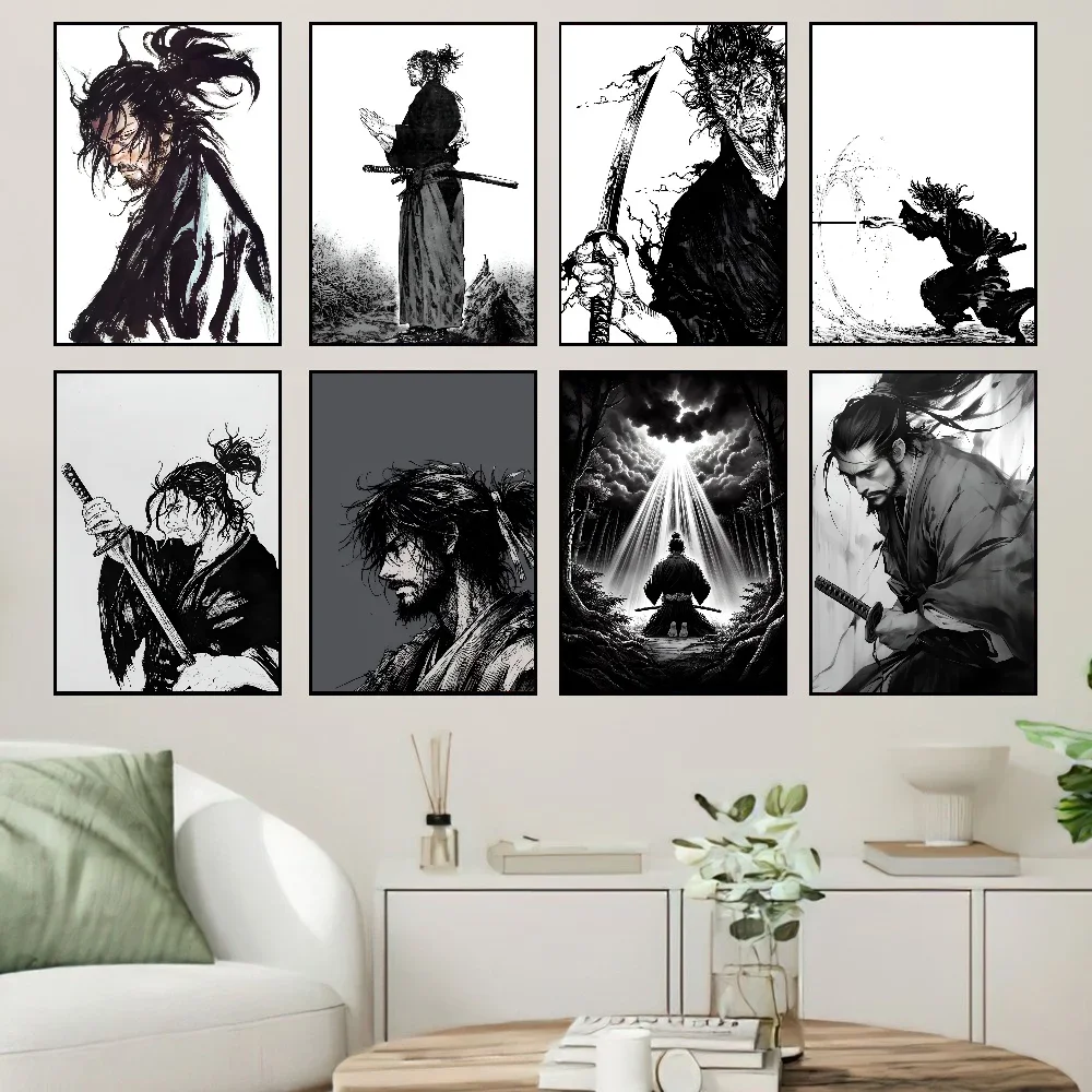 1PC Black And White Japanese Anime Wandering Samurai Miyamoto Musashi Poster Self-adhesive Art Waterproof Paper Sticker Coffee