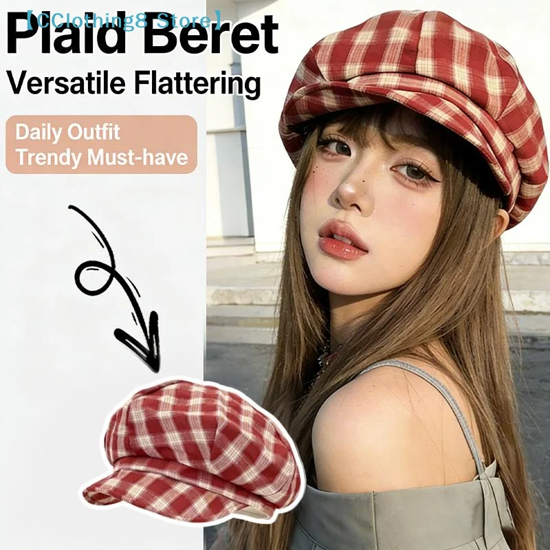 Korean Retro Plaid Beret Hat For Women Y2K Contrast Color Checked Beanie Cap Summer Travel Versatile Face Slimming Hat【AliS8】