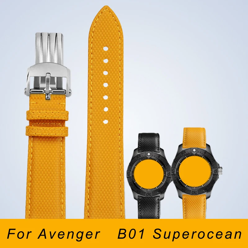 

Cowhide lea/ther watch strap 22mm High-quality yellow black men's replacement watchband For Breitling Avenger NIGHT MISSION B01