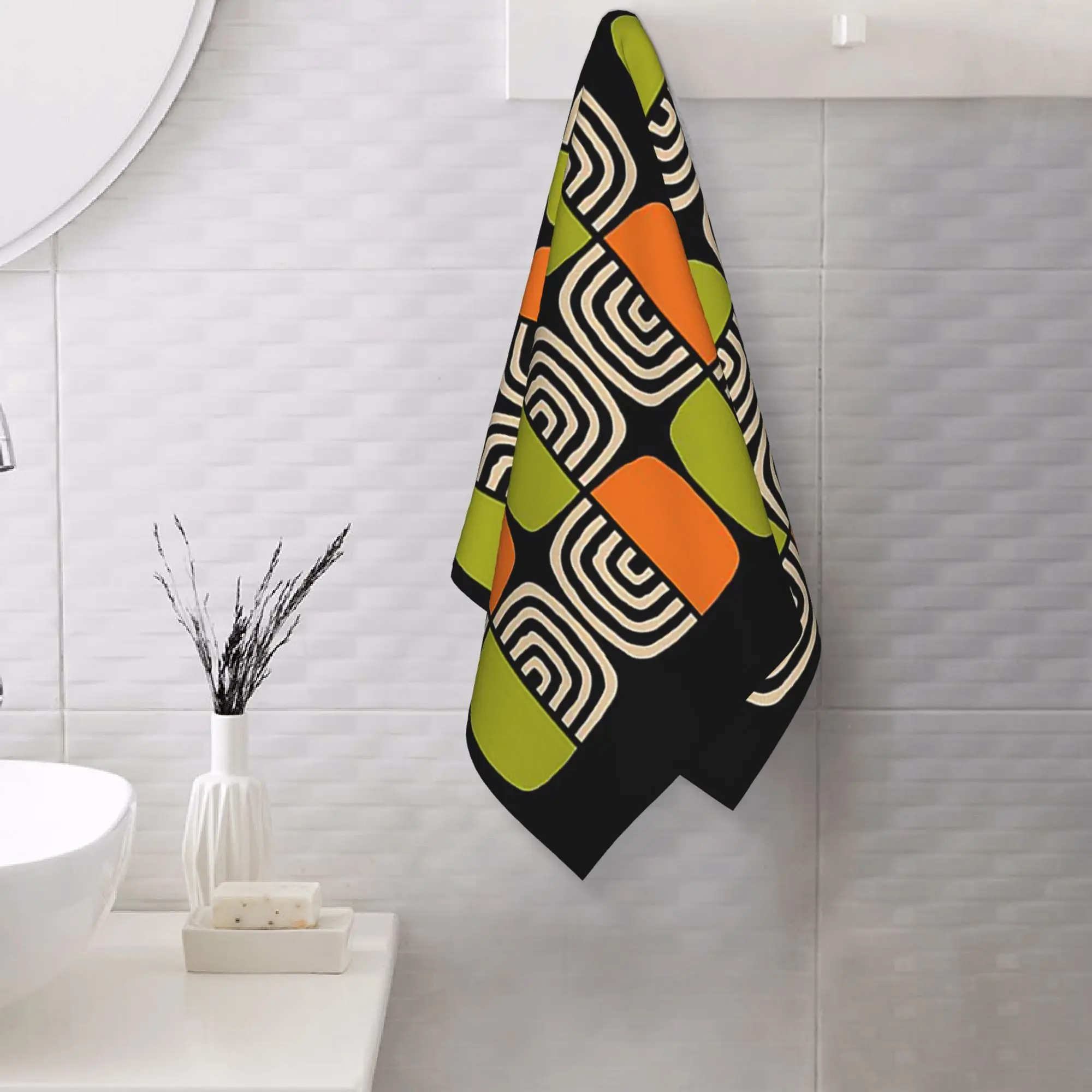 Custom Half Concentric Circle Pattern Black Orange Green and Beig Soft Face Towel Quick Dry Pool Bath Cotton Towels Breathable