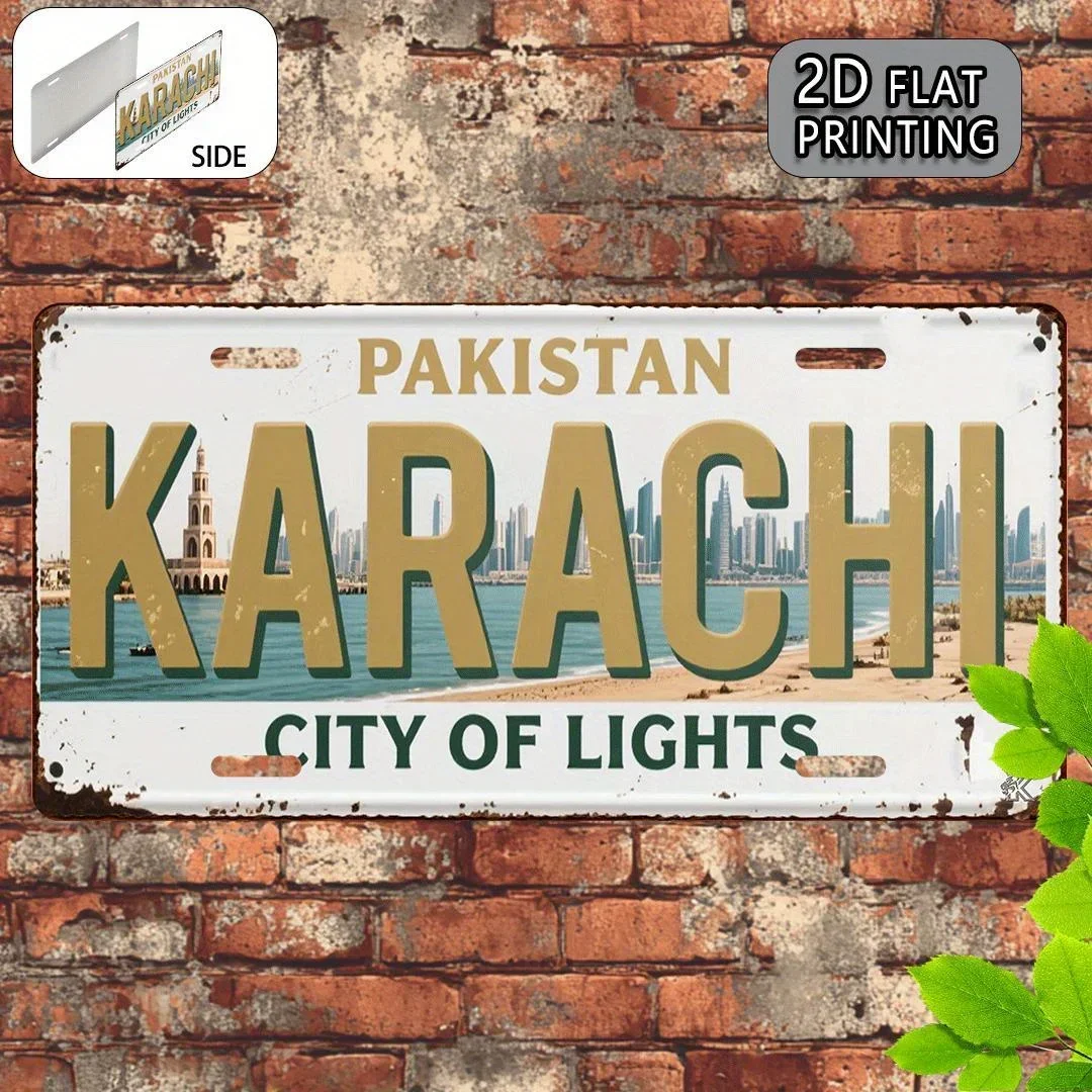 Karachi Pakistan City of Lights 2D Flat Printing License Plate Style Metal Tin Sign, Pakistani Urban Skyline Themed Decorativ