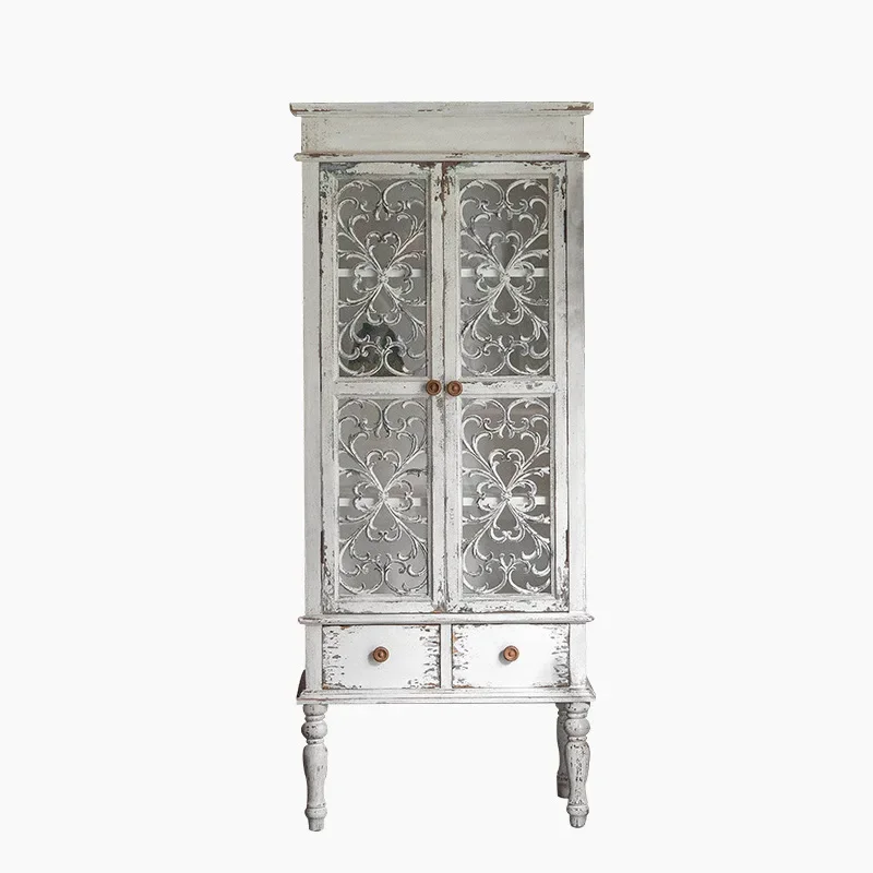 

American retro old high cabinet, living room solid wood glass TV cabinet, home bookshelf B & B dining side wine cabinet