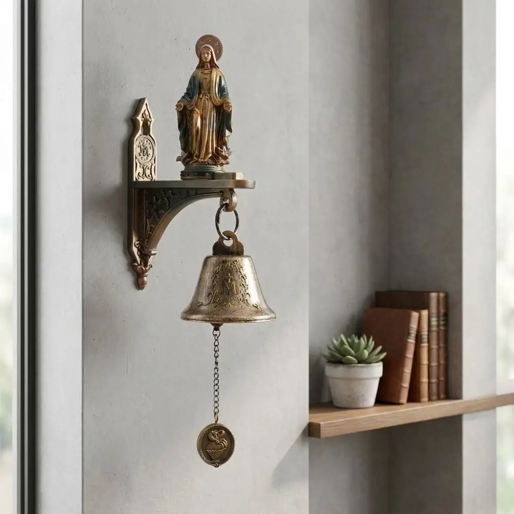 Religious Our Lady of Grace Wall Bell Antique Wall Mount Virgin Mary Statue Christian Catholic Holy Resin Figure Church
