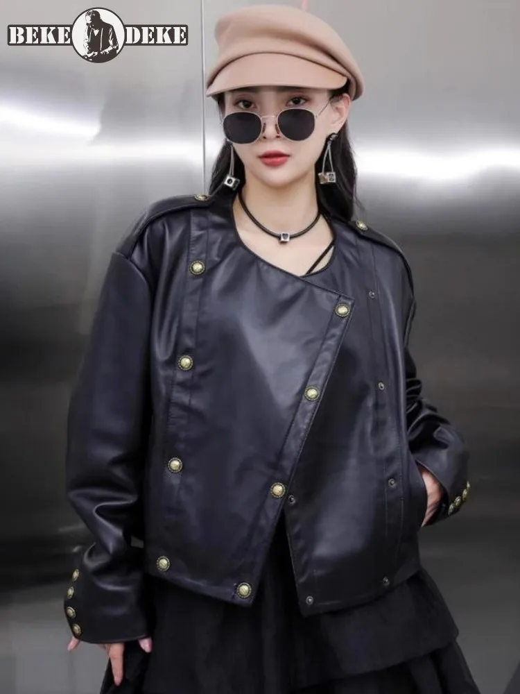 New Spring Zweireiher Frauen Echt leder Schaffell Jacke schwarz O-Ausschnitt Langarm High Street Vintage Punk Kurz mantel