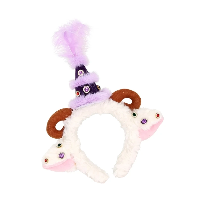 Curled Horn Headband with Dimensional Horns, Trim and Sparkling Decoration for Halloween Costume Parties and Styled Y08E