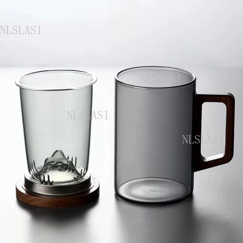 Smoky Gray Double Wall Glass Tea Mug Wooden Handle Built-in Mountain Tea Infuser with Wooden Lid Household Tea Brewing Cup view 5