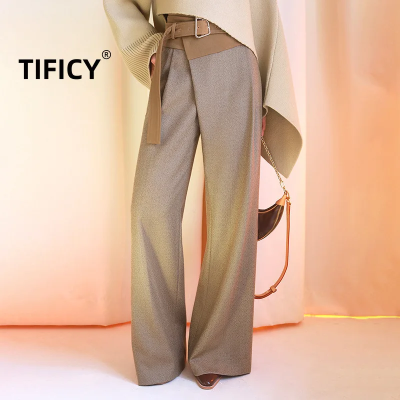 Autumn Blazer Pant New Style Commuting Irregular Spliced Contrast Color Design High Waist Lace Up Wide Leg Pants