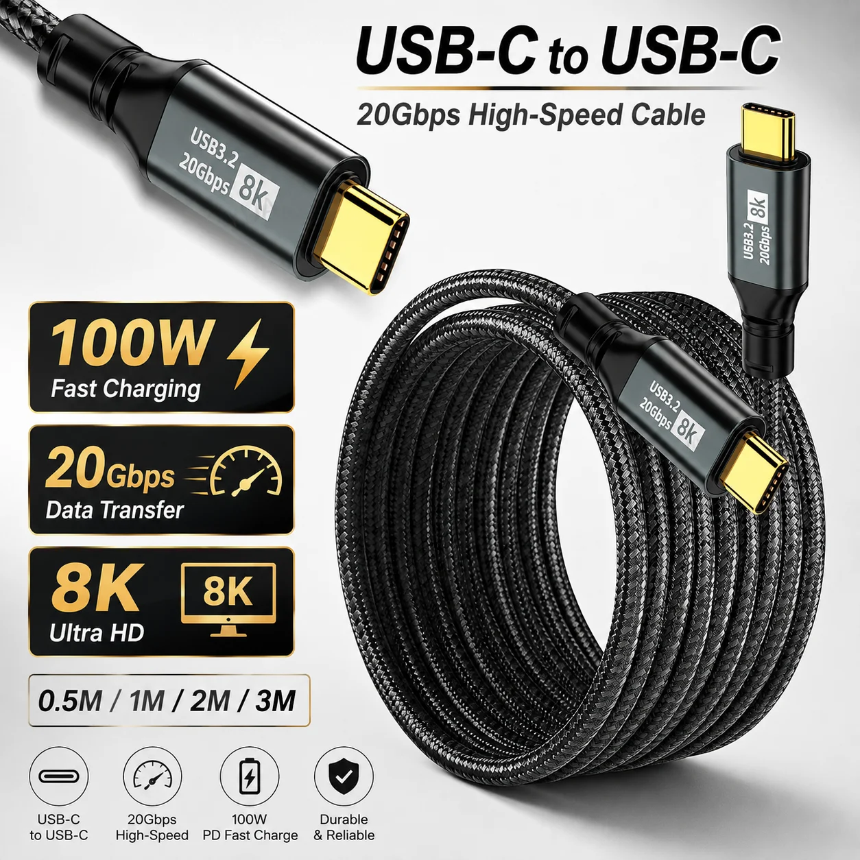 PD100W USB C Fast Charging Cable, USB 3.2 20Gbps 8K Thunderbolt 3 Type C to Type C Data Cord for MacBook iPhone 17 Pro Max