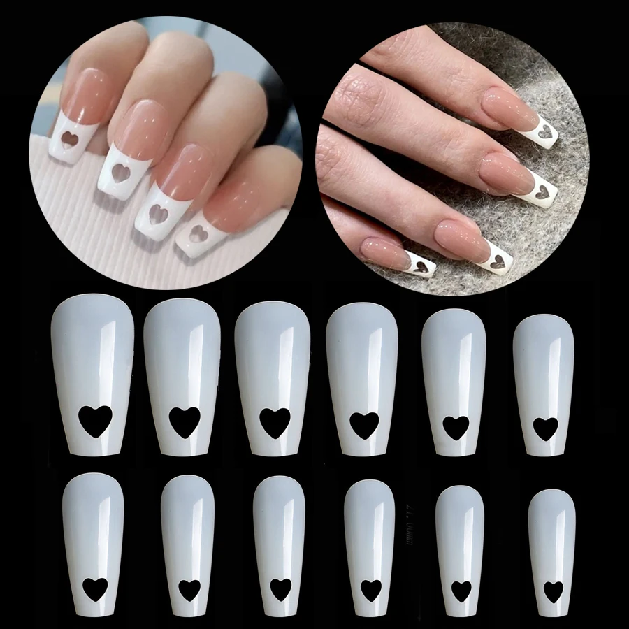 504Pcs Love Heart Hollow False Nail Tips French Nail Art Long Ballerina Tips Designer Nails for Extension