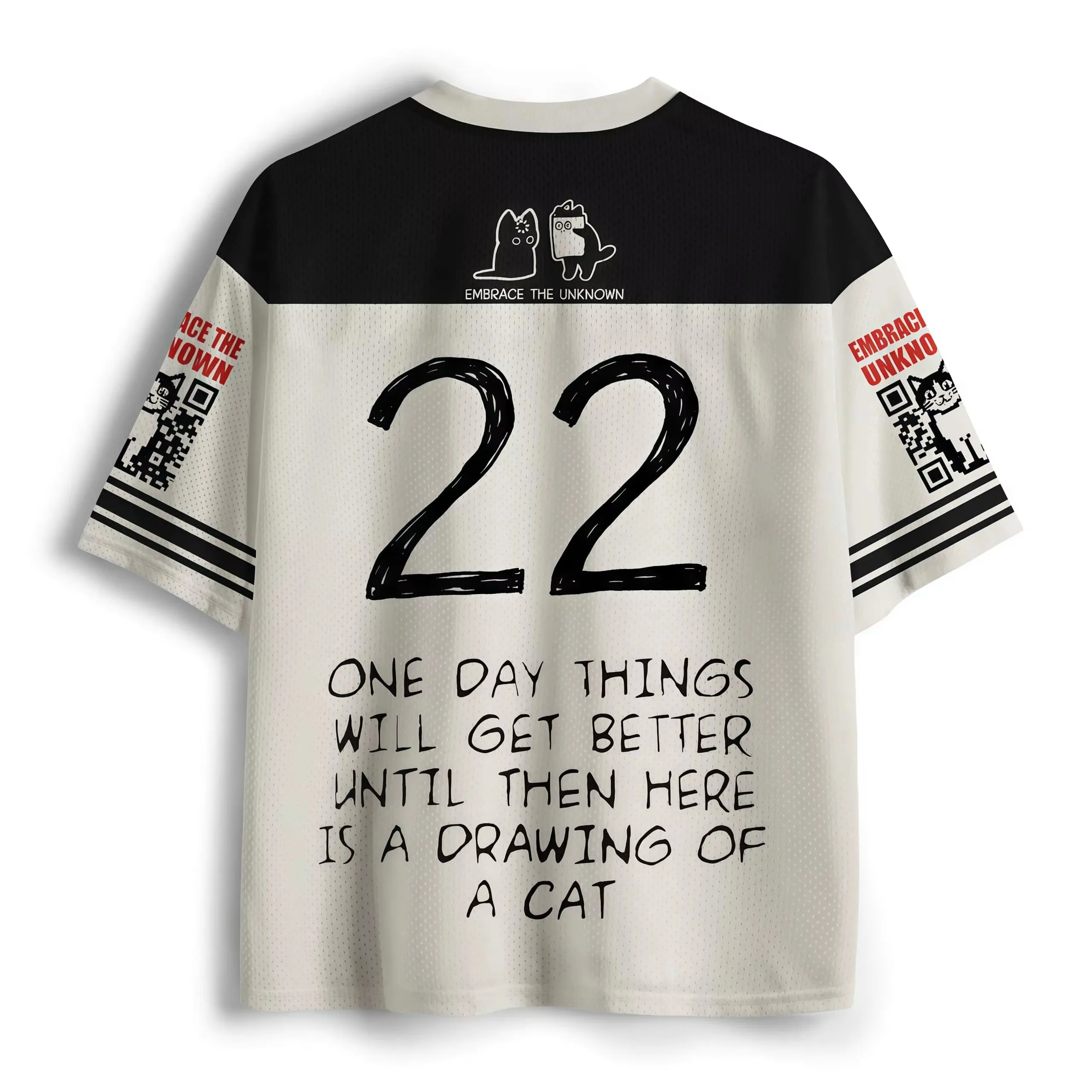 Hand Drawn Abstract Kitten Healing Text Printed Top, Casual, Personalized, Breathable, Loose Street Fashion Shirt