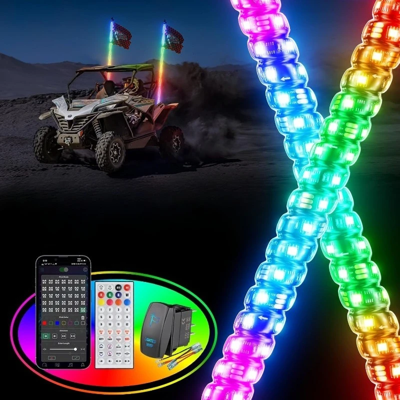 

2PCS 5FT Whip Lights for UTV ATV with DIY Length, Tripled Brighter Led Whip Light W/Rocker Switch & 6 Flags, Spiral Chasin