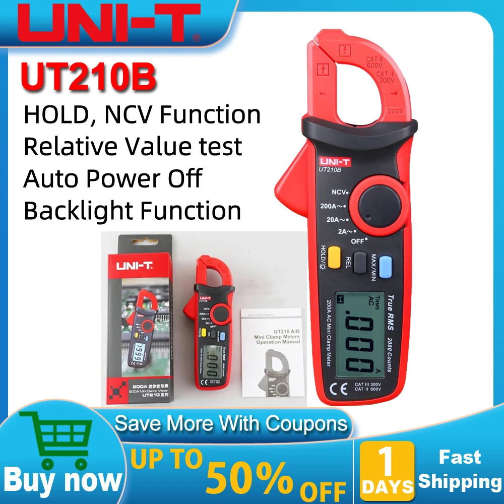 UNI-T UT210B True RMS 200A AC Mini Clamp Meters Ammeter NCV Test Professional Multimeter Digitais LCD Backlight MAX MIN