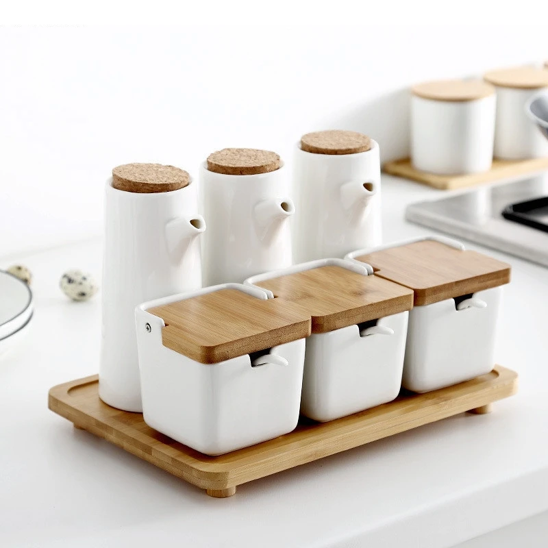 Simple Household Ceramic Seasoning Jar Set Salt and Pepper Storage Oil Pot Kitchen Spice Organizer